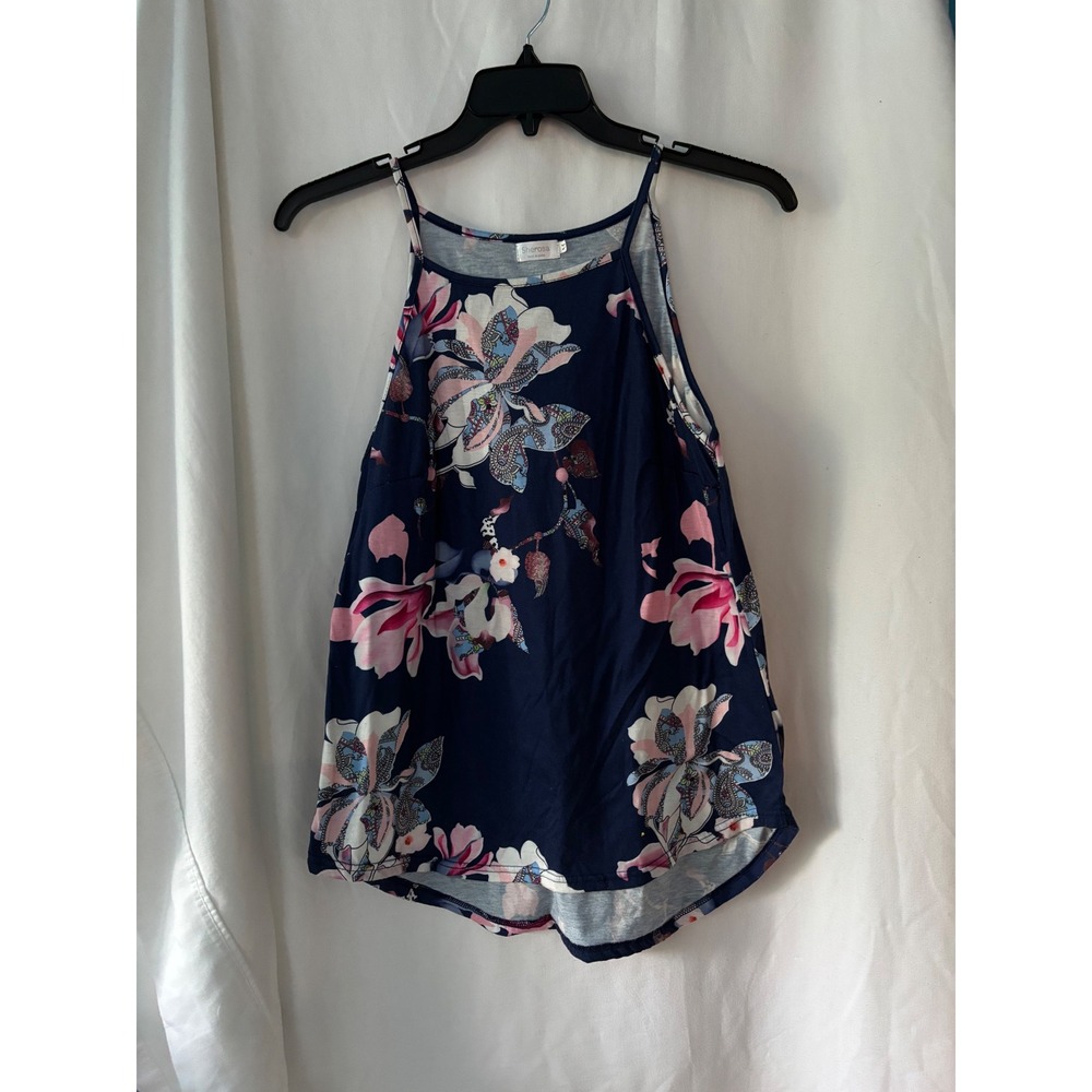 Sherosa Navy Blue Floral Halter Neck Tank Top‎ Pink Botanical Print Size Medium